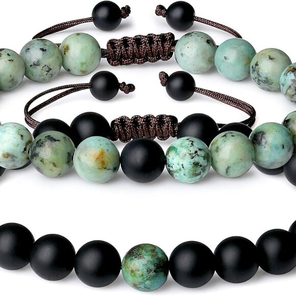 Matching Couples Bracelets African Turquoise Onyx Stone Adjustable Nylons - Picture 1 of 7